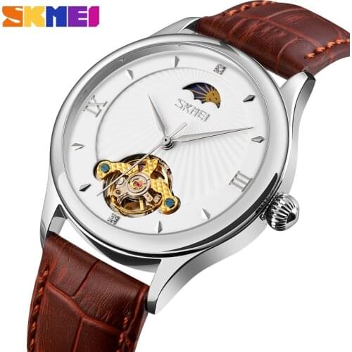 SKMEI Fashion Hollow Dial Men Watches Automatic Mechanical Wristwatches Leather Strap Moon Phase Mens Watch reloj hombre 9251