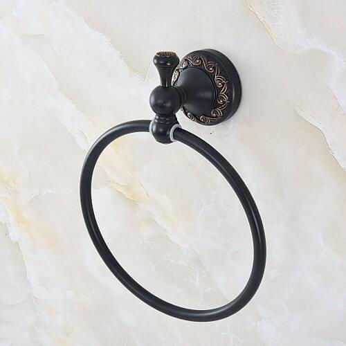 Black Oil Rubbed Brass Bathroom Wall Mounted Towel Ring Holder Bathroom Accessories Bath Hardware Carved Flower Base mba457