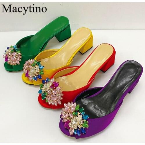 Flower ladys high-heeled slippers crystal rhinestone decoration thick-heeled low-heeled slippers fashion party slippers