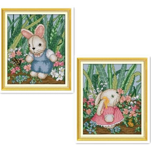 Flower Bunny cute rabbit needlework sewing embroidery, 11CT 14CT calico handmade DIY cross stitch kit painting