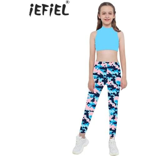 Kids Girls Clothes Sets Sleeveless Digital Print Sport Tanks Crop Top with Leggings Yoga Workout Dancewear Gymnastics Outfit