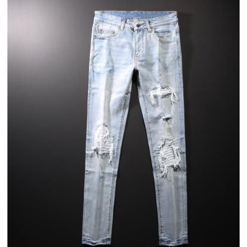 American Street Style Fashion Men Jeans Retro Light Blue Slim Ripped Jeans Men Patches Designer Hip Hop Denim Punk Pencil Pants