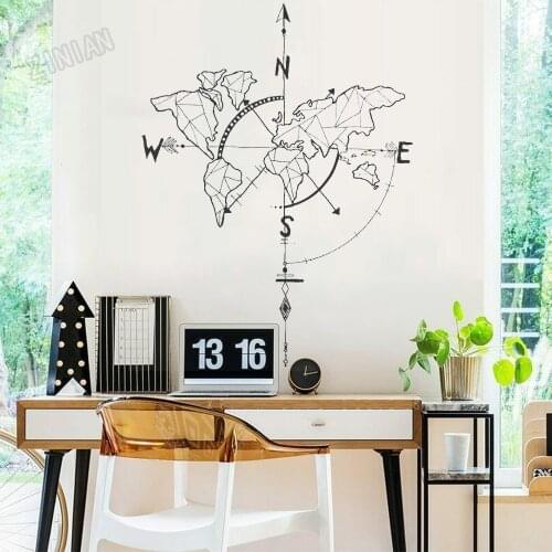 World Map Compass Wall Stickers Office Decor Removable Vinyl Wall Decal For Living Room Decoration Large Wall Sticker Y184