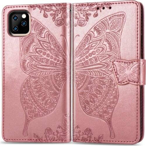 Butterfly Embossed Leather Case Flip Multi-Function for iPhone 6 7 8 Plus 11 12 Mini Pro X XS XR Solid Color Protective Cover