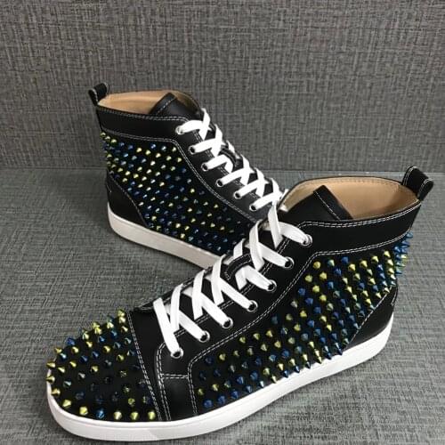 Luxury Couple High Top Bottom Black Genuine Leather Shoes For Men Casual Flats Loafers Gold Green Rivets Walking Sneakers
