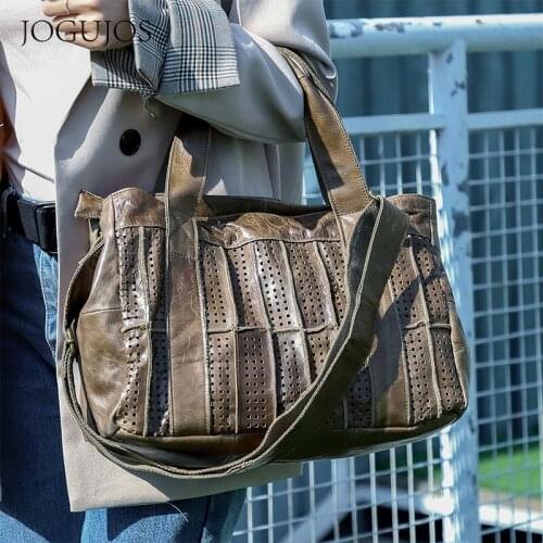 Large Capacity Retro Hollow Out Multi-Function Business Fashion Genuine Leather Women Handbag High Quality Lady Shoulder Bags