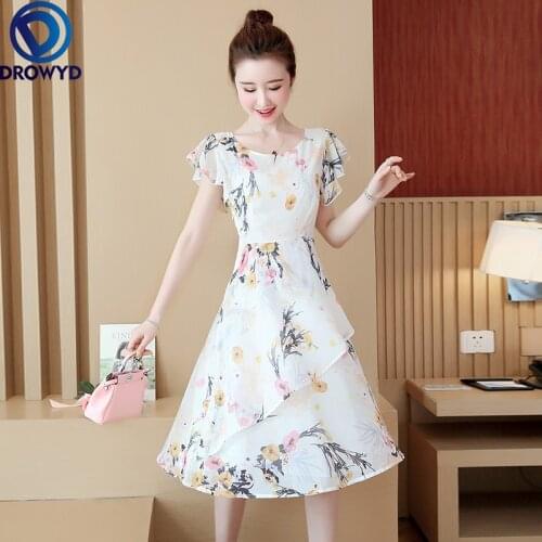 Fashion Boho Slim Chiffon White Print Dress Women Summer Elegant Big Swing Dress Retro Floral Beach Holiday Party Dress Vestidos