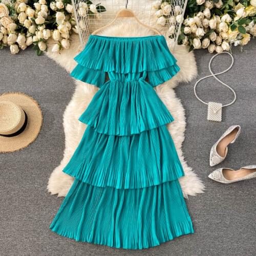 Sexy Off Shoulder Holidays Long Dress Women Summer Fashion Slash Neck Elastic Waist Cascading Ruffles Casual Beach Pleated Dress