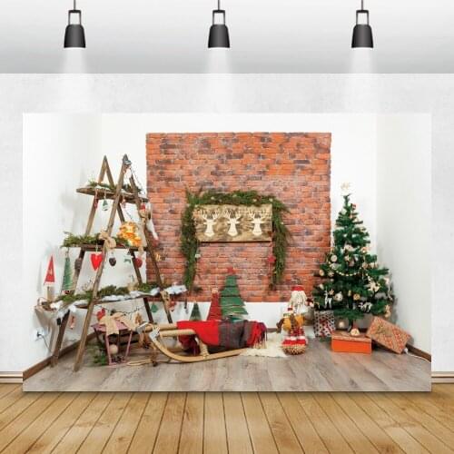Christmas Tree Brick Wall Photo Backdrop Girl Kids Portrait Interior Photography Background Family Celebration Party Home Decor