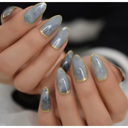Gray Marble Stiletto False Nails Pre Designs Gold Glitter Almond Fake Nail Manicure Artificial Nails Tips Free Jelly Sticker