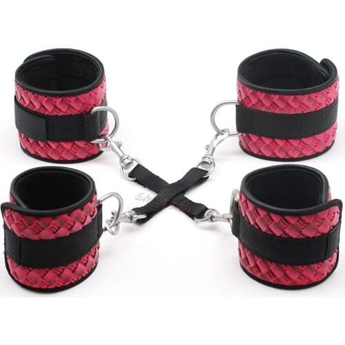 Smspade new arrival pink PU leather bondage restraint set hog-tied kit handcuffs ankle cuffs adult sex toy sex products