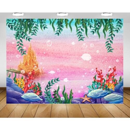 Under the Water Mermaid Pink Theme Party Background Photocall Children Birthday Backdrop Photography Gold Castle Shell Coral