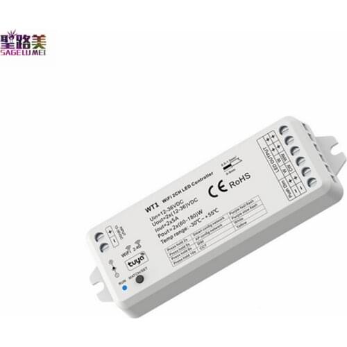 WT1 2CH led wifi controller DC12-36V 24V Tuya APP cloud Voice wireless control For 2 channels single color or cct led strip tape