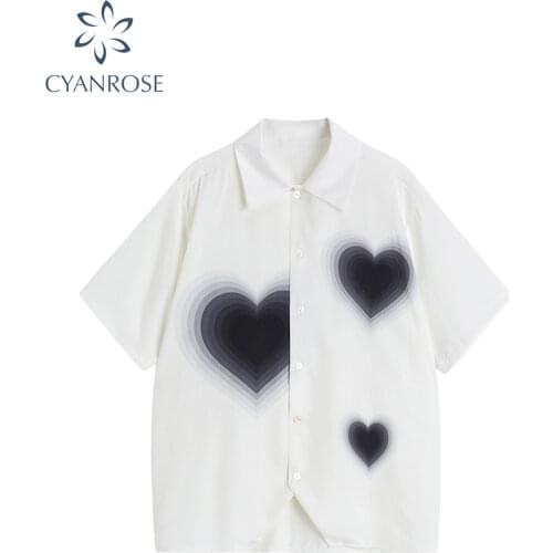 Fashion Womens Short Sleeve Shirts Korean Loose 2021 Summer Fashion Harajuku Heart Pirnted Casual Streetwear Female Blouse Top