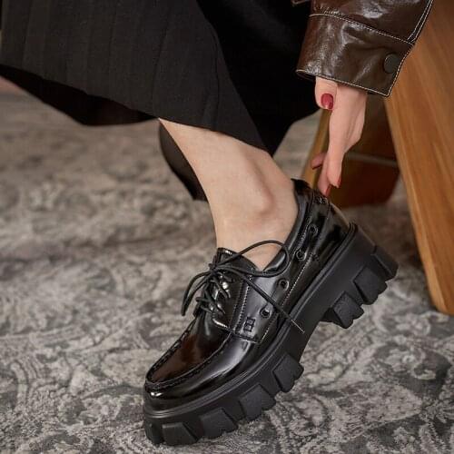 SKLFGXZY 2021 Spring Classic Genuine Leather Round Toe Med Heel British Style Young Lady Daily Wear Lace Up Women Pumps