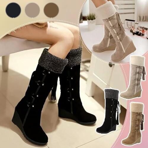 Women Lace Nubuck Flat Heels Winter Snow Boots Shoes Womens Flock Plush Padded Winter Long Riding Motorcycle Boots Shoes