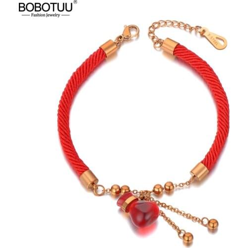 BOBOTUU Ethnic Chinese Style Stainless Steel Red CZ Crystal Gourd Charm Bracelets For Women Red Rope Bracelet Jewelry BB20137