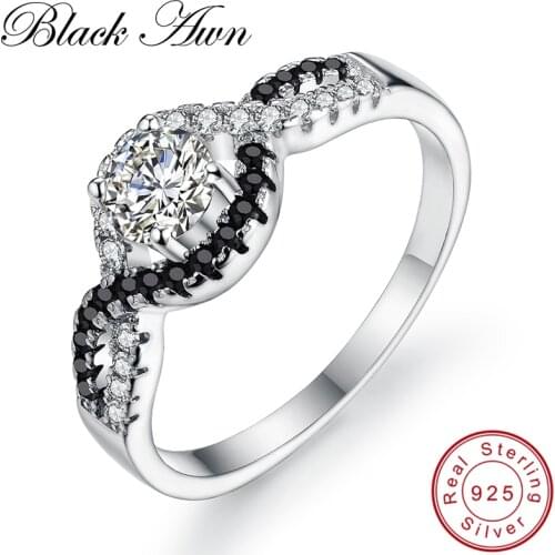 [BLACK AWN] Genuine 925 Sterling Silver Jewelry Wedding Rings for Women Round Black&White Stone Ring C232