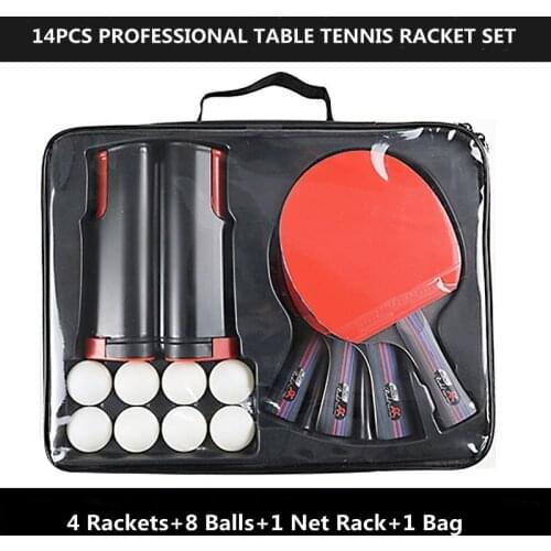 14 Pcs Professional Table Tennis Racket Set 2 Pair Rackets 8 Balls Retractable Table Tennis Net Rack Ping Pong Sports Set
