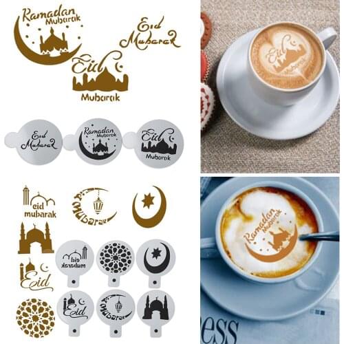 3/6Pcs Eid Mubarak Ramadan Coffee Printing Template Spray Stencil Set DIY Fondant Cake Biscuits Decoration Tools Drink Decor