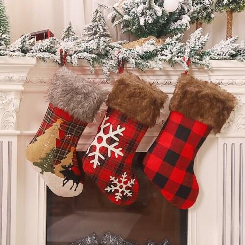 48*27*22cm Christmas Party Xmas Tree Hanging Decor New Year Red Black Check Cartoon Fluffy Stocking Sock Kids Gift Candy Bags