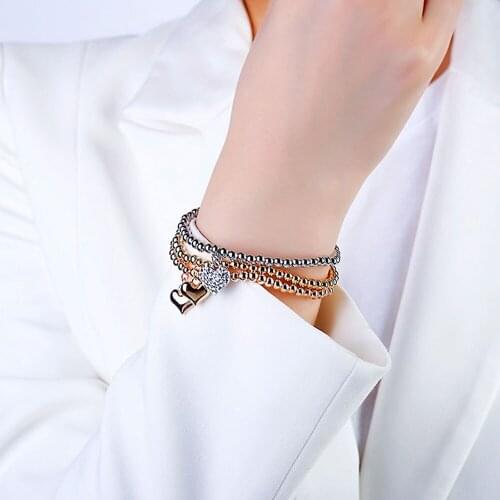 Fashion Rhinestone Heart Crystal Charm Bracelets & Bangles Gold Silver Color Beads Pendants Women Ladies Bracelets 3Pcs/Set