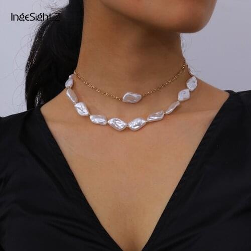 IngeSight.Z 2Pcs/Set Bohemian Irregular Imitation Pearl Choker Necklace Collar Statement Pearl Chain Clavicle Necklaces Jewelry