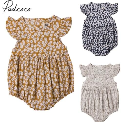 2019 Brand New Toddler Kids Baby Girls Bodysuit Short Petal Sleeve Daisies Flowers Cotton Jumpsuits Summer Ruffed Clothes 0-24M