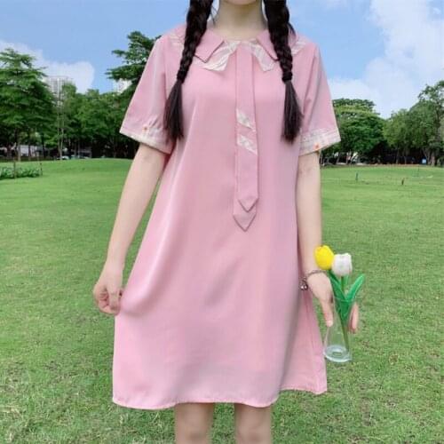Korean Loose Sweet Lace Doll Collar Polo Necktie Academic All-match Short-Sleeved Soft Sister Dress Female Summer lolita dress