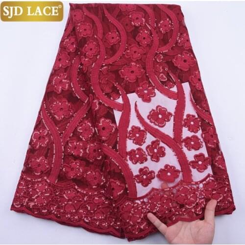 SJD LACE Red French Lace Fabric High Quality African Lace Fabric Embroidery Sequins Milk Silk Laces For Wedding Party DressA2104