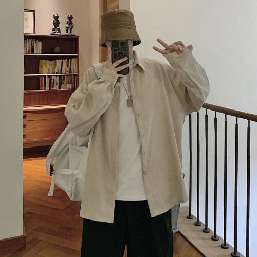 2021 Mens Loose Solid Color Clothes Shirts Casual Thick Hawaiian Shirt Camisa Masculina Streetwear Mens Lapel Collar Shirts