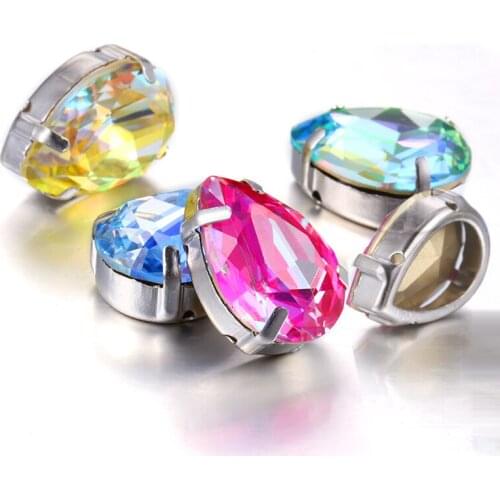 7x10 Drop Shape Rhinestone Claws Set Laser Shine Glass Strass With Hollow Out Copper Claws Sew On Stones Crystal Strass