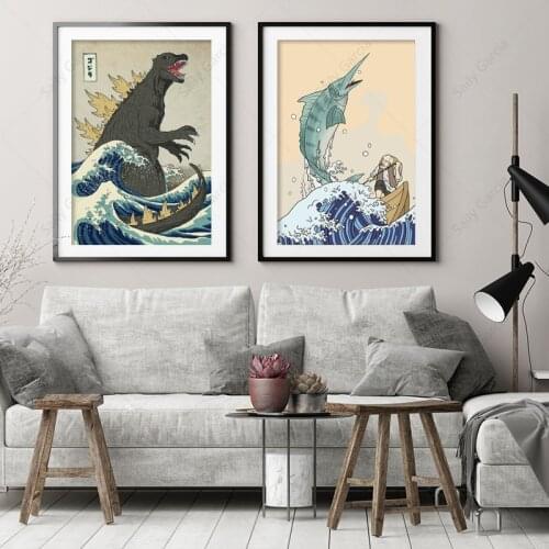 Japanese Monster Anime Poster Prints Vintage Seascape Canvas Painting Dinosaur Fish Pictures for Living Room Home Interior Decor