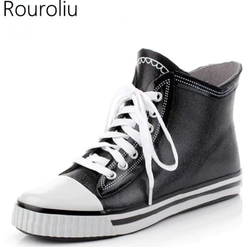 Rouroliu Rubber Rain Boots Mens Ankle Rainboots Flat Heels Waterproof Water Shoes Men Outdoor Wellies TS136