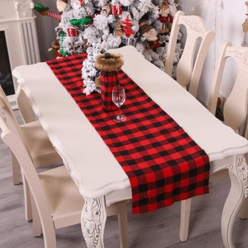 Christmas Modern Red and Black Grid Table Runner Cotton and Linen Printed Table Flag Xmas Decoration for Dining Table