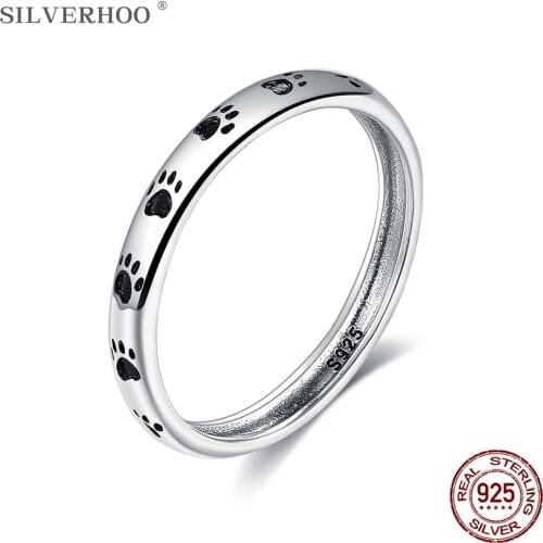 SILVERHOO 925 Sterling Silver Stackable Animals Footprints Finger Rings For Women Cute Wedding Ring Jewelry Valentines Day Gift