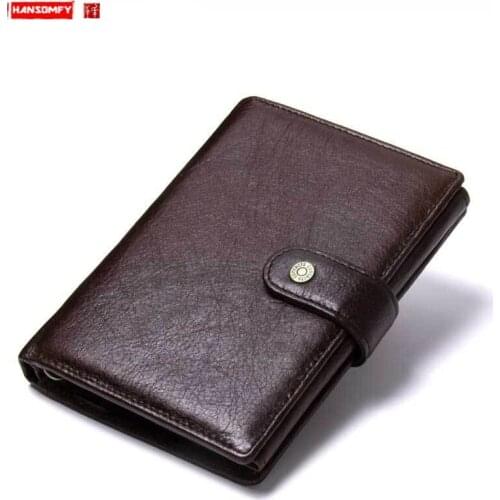 Cowhide Passport Bag Genuine Leather Men Wallet Fashion Multifunctional Buckle Document Holder Purses