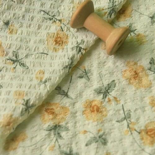 Light Green Yellow Flowers Wrinkled Striped Chiffon Fabric Sunscreen Shirt Dress Scarf Cos Clothing Diy Fabric