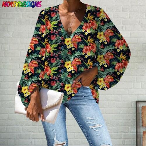 WHEREISART Hawaiian Tropical Floral Hibiscus Prints Summer Blouse Shirt Womens V Neck Fashion Clothing Chiffon Blouses Stylish