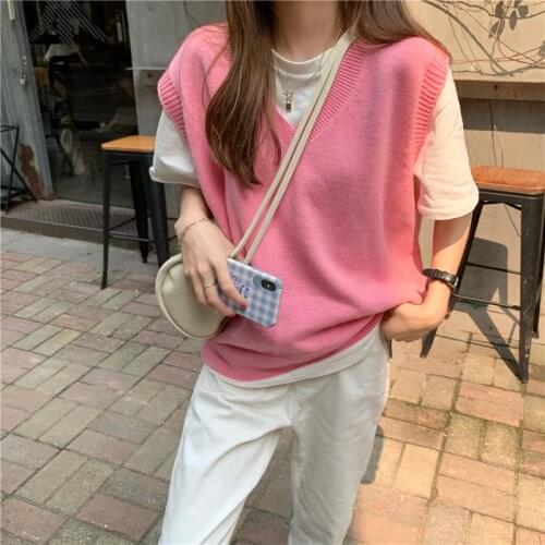 Fashion Y2k Pink Loose Knit Sweater Vest Womens Autumn Summer V-neck Thin Sleeveless Crop Tops Korean Streetwear