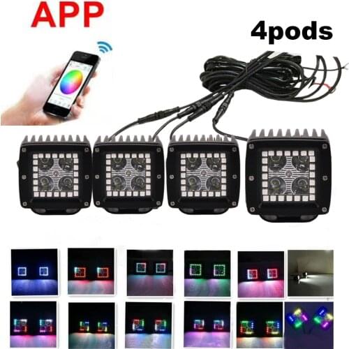 3" 12W Led Work Light Bar Flood Beam Pods with RGB Chasing Halo Flashing Driving Fog Lamp Offroad Suv Utv Atv 4x4 Boat 4pcs