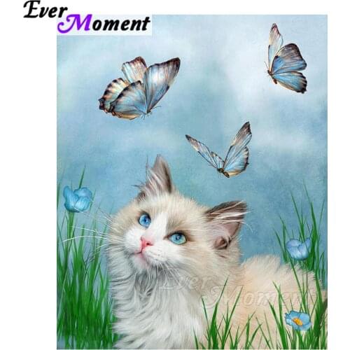 Ever Moment DIY 5D Diamond Painting Cat Seeing Butterfly Animal Full Square Drills Diamond Embroidery Home Decoration ASF1607