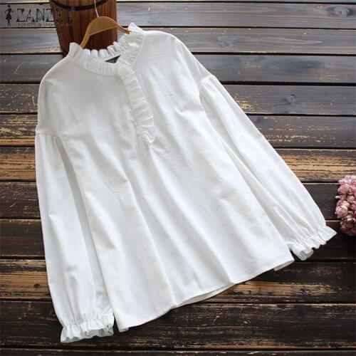 ZANZEA Women Ruffles Blouse Spring Long Sleeve Cotton Tops Vintage Solid Loose Femininas Casual Shirt Chemise Plus Size Blusas