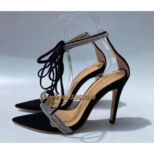 Lace Up Crystal Sandals Sexy Pointed Toe Thin High Heel Summer Women Shoes Black Suede Ankle Strap Bling Bling Sandals