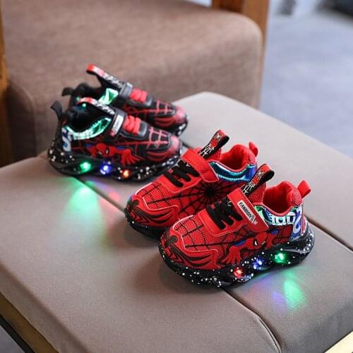 Disney childrens sports shoes boys cartoon Spiderman shoes mesh breathable autumn LED light sneaker luminous shoes size23-36