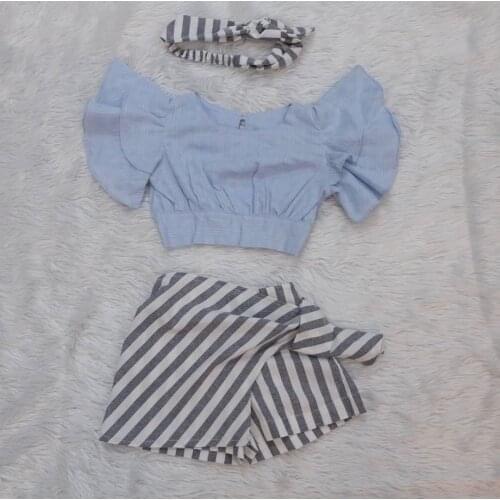 Baby Suit, Three-Piece Striped Suit, Round Neck, Short Sleeve Blouse, J, Striped Skirt, Lace Shorts, Headband Outfits 2021