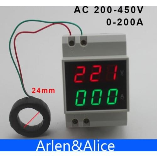 Din rail LED AC 200-450V 0-200A display Voltage and current meter with extra CT Current Transformers voltmeter ammeter range