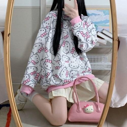 HOUZHOU Kawaii Sweet Hoodies Women Spring Autumn Long Sleeve Tops Pink Cartoon Print Clothes Japanese Preppy Style Outfits