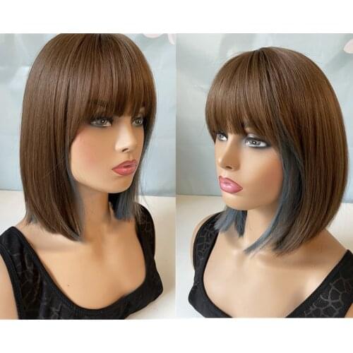 Hywamply 14" Classy Short Bob Wigs with Bangs Black Brown Synthetic Natural Look Womens Wigs Daily Wear Straight Hair Wig