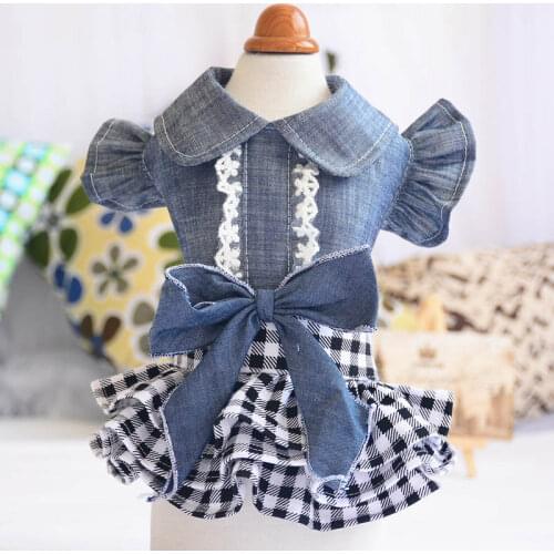 Summer Thin Denim Dress for Dogs Puff Sleeve Pet Jeans Shirt Cotton Plaid Tutu Skirt Cowboy Clothes for Chihuahua Yorkies Poodle